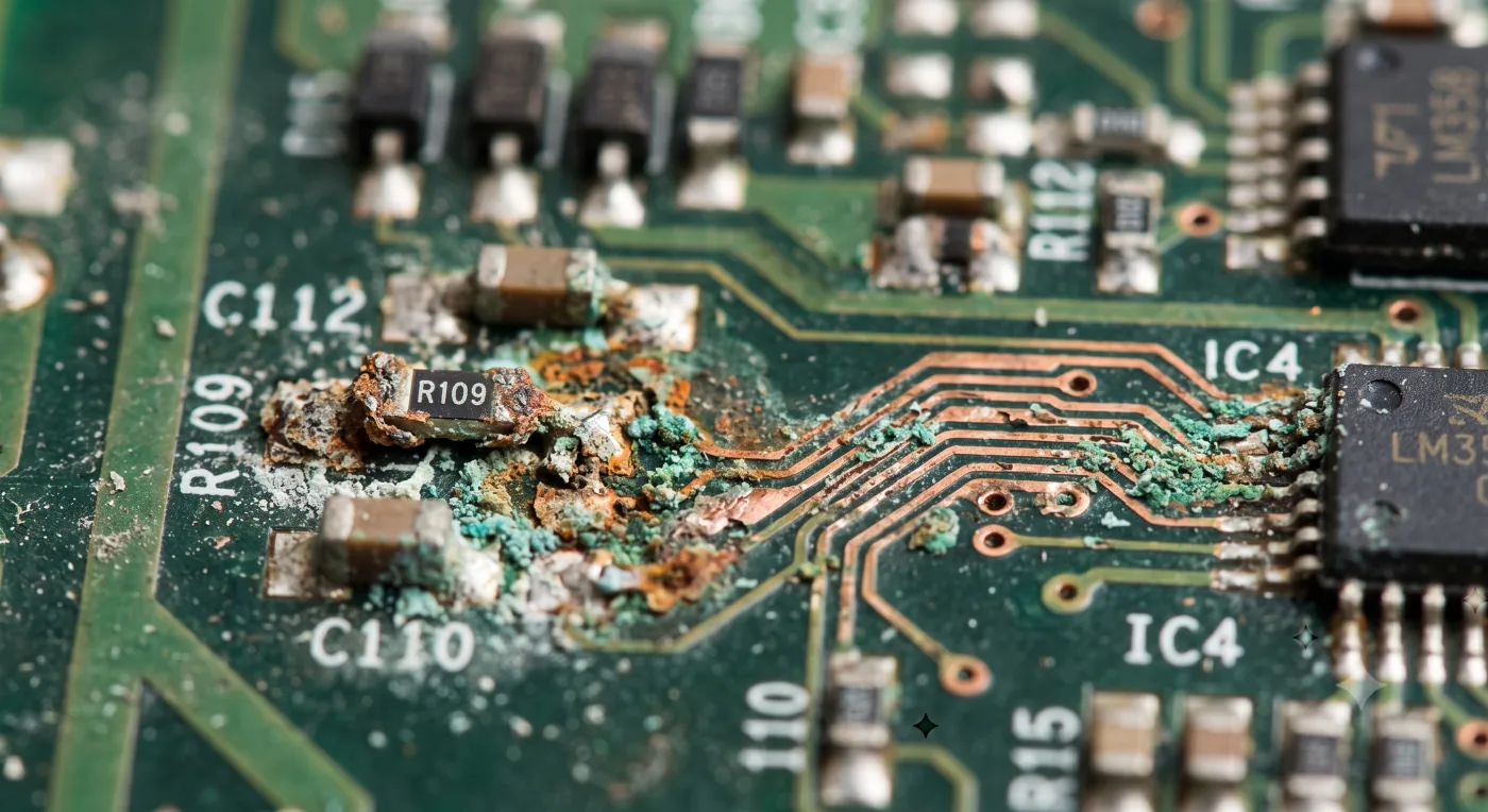 Corrosion damage on an electronic circuit board — AQOZA