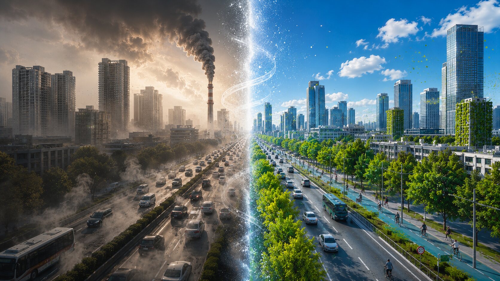 Polluted city air on one side transformed into clean, green city air on the other — AQOZA air purification